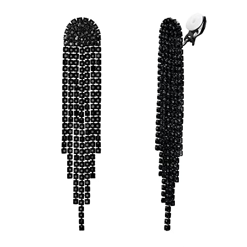 Clearine Quaste Ohrclips Mode Lange Tropfen Kronleuchter Funkeln Strass Kristall Clip-on Ohrringe für Damen Schwarz Schwarz-Ton von Clearine