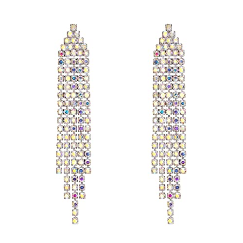 Clearine Quaste Ohrringe für Damen lange Tropfen Strass Kristall baumeln Anweisung Braut Hochzeit Schmuck Schillernde AB Silber Ton von Clearine