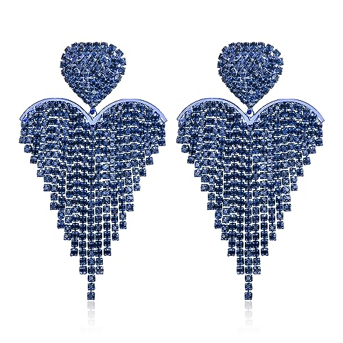 Clearine Quaste Strass Herz baumelnden für Damen lange Kronleuchter Kristall Ohrringe für Hochzeit Party Prom Blau von Clearine