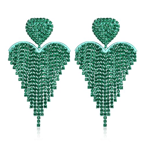 Clearine Quaste Strass Herz baumelnden für Damen lange Kronleuchter Kristall Ohrringe für Hochzeit Party Prom Grün von Clearine