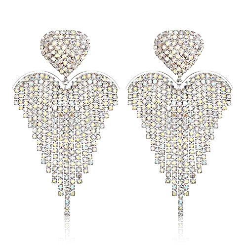 Clearine Quaste Strass Herz baumelnden für Damen lange Kronleuchter Kristall Ohrringe für Hochzeit Party Prom Schillernd AB Silber Tone von Clearine