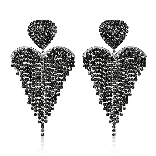 Clearine Quaste Strass Herz baumelnden für Damen lange Kronleuchter Kristall Ohrringe für Hochzeit Party Prom Schwarz von Clearine