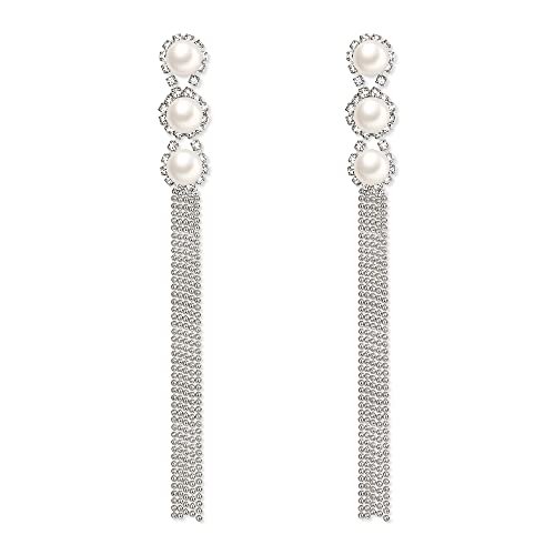 Clearine Quasten Ohrringe Damen Strass Kristall 3 Elfenbein Simulierte Perle Dangle Ohrringe Klar Silber-Ton von Clearine
