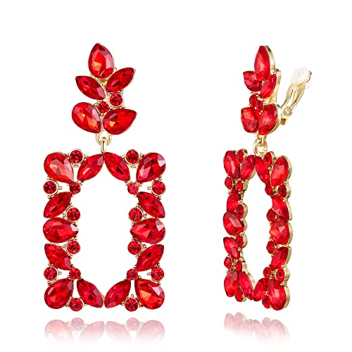 Clearine Rechteck Ohrclips Art Deco Marquise Träne Strass Kristall Geometric Statement Clip-on Ohrringe for Party Prom Rubin-Rot Gold-Tone von Clearine