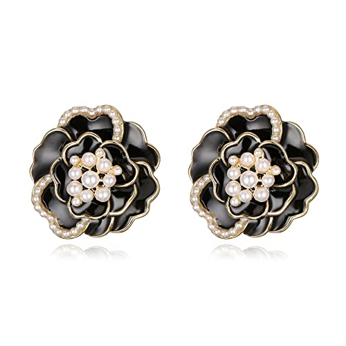 Clearine Rose Ohrstecker Vintage Elegant Simulierte Perle Emaille Blume Ohrringe für Damen Schwarz Gold Ton von Clearine