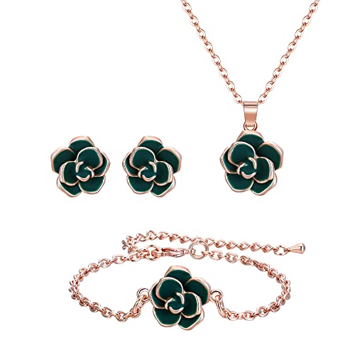 Clearine Rose Schmuck-Set schwarz Blume Halskette Ohrringe und Armband Set hypoallergen Schmuck-Sets Geschenk für Damen Smaragd-Grün Rose Gold-Ton von Clearine