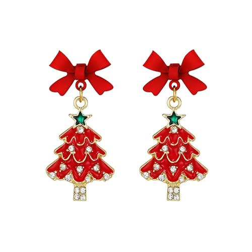 Clearine Rote Weihnachtsbaum Ohrringe für Damen Glänzend Strass Gold Bogen Ohrstecker Weihnachtsfest Party Schmuck Geschenk von Clearine
