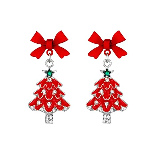 Clearine Rote Weihnachtsbaum Ohrringe für Damen Glänzend Strass Silber Bogen Ohrstecker Weihnachtsfest Party Schmuck Geschenk von Clearine