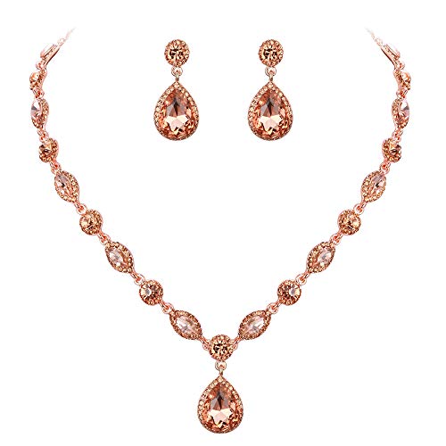 Clearine Schmuck Set Hochzeit Braut Kristall Marquise Teardrop Y Halskette und Dangle Ohrringe Kostüm Set für Damen Champagn Rosegold-Ton von Clearine