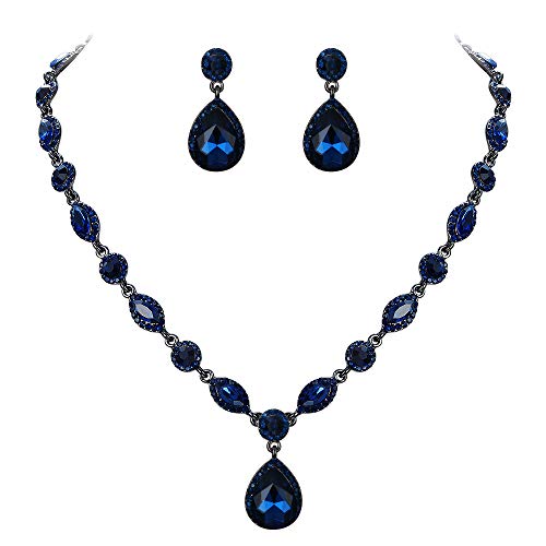 Clearine Schmuck Set Hochzeit Braut Kristall Marquise Teardrop Y Halskette und Dangle Ohrringe Kostüm Set für Damen Saphir-Blau Schwarz-Ton von Clearine