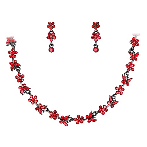 Clearine Schmuck-Set Runde Kristall Strass Schmetterling Marquise Cluster Filigrane Halskette und Baumelnde Ohrringe für Abschlussball Rubinrot Schwarz-Ton von Clearine