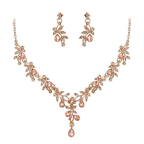 Clearine Schmuck Set für Braut Damen Strass Tropfen Marquise Kristall Cluster Anhänger Y Halskette Kronleuchter Ohrringe für Prom Champagner RoseGold Ton von Clearine