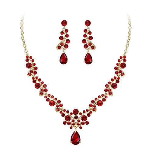 Clearine Schmuck-Set für Damen Party Hochzeit rund Tropfen Kristall Blatt Cluster Kostüm Statement-Halskette und baumelnde Ohrringe Rubin-Rot Gold-Ton von Clearine