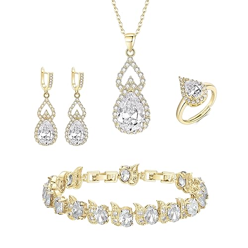 Clearine Schmuck Set für Damen Silber Träne Cubic Zirkonia Halskette mit Ohrringe Armband und Offene verstellbare Ring Set für Klar Gold-Ton von Clearine