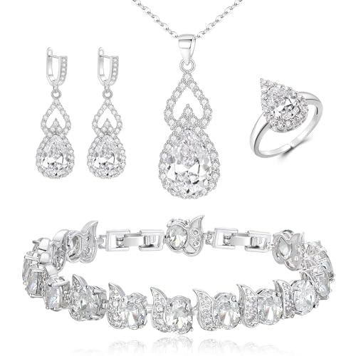 Clearine Schmuck Set für Damen versilbert klar Teardrop kubischer Zirkon Halskette offen verstellbaren Ring Ohrringe Armband Set für Hochzeit Jubiläum Muttertag von Clearine