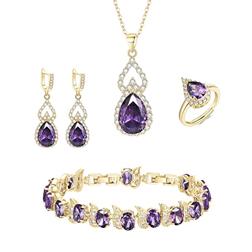 Clearine Schmuck Set für Damen Silber Träne Cubic Zirkonia Halskette mit Ohrringe Armband und Offene verstellbare Ring Set für Lila Gold-Ton von Clearine