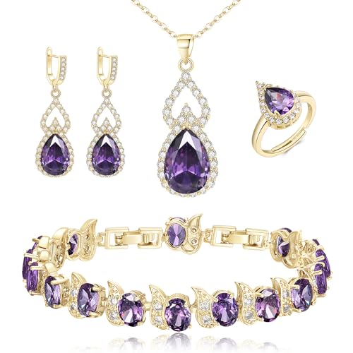 Clearine Schmuck-Set für Damen Gold plattiert lila Teardrop Zirkonia Halskette offen verstellbaren Ring Ohrringe Armband Set Geschenke für Hochzeit/Jubiläum/Muttertag/Geburtstag/Weihnachten von Clearine