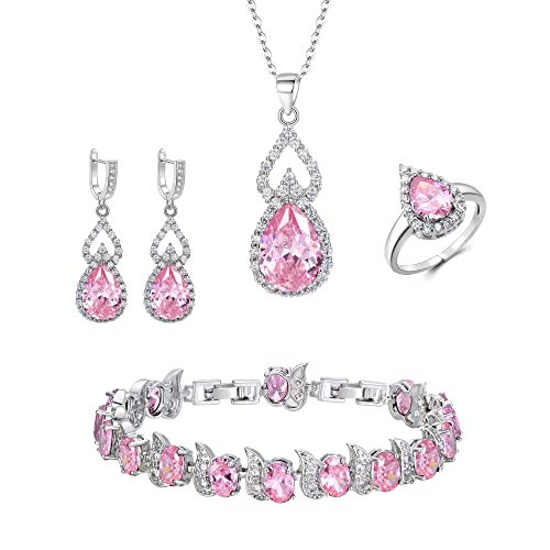 Clearine Schmuck Set für Damen Silber Träne Cubic Zirkonia Halskette mit Ohrringe Armband und Offene verstellbare Ring Set für Rosa Silber-Ton von Clearine