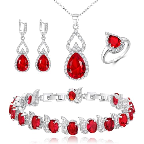 Clearine Schmuck Set für Damen Silber Träne Cubic Zirkonia Halskette mit Ohrringe Armband und Offene verstellbare Ring Set für Rubinrot Silber-Ton von Clearine