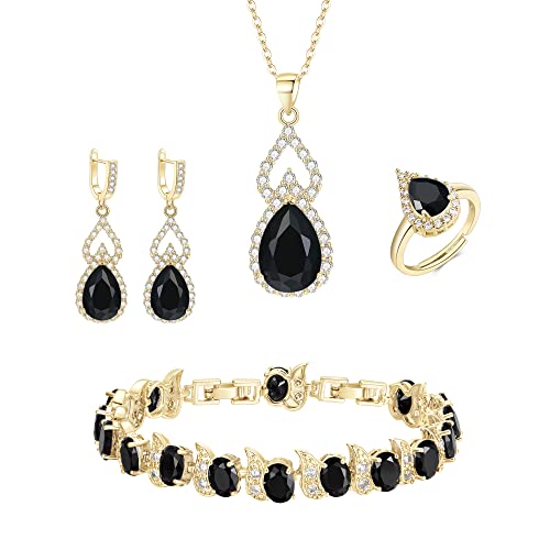 Clearine Schmuck Set für Damen Silber Träne Cubic Zirkonia Halskette mit Ohrringe Armband und Offene verstellbare Ring Set für Schwarz Gold-Ton von Clearine