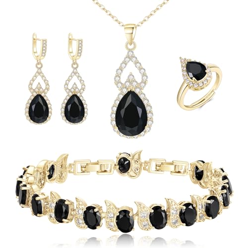 Clearine Schmuck-Set für Damen Vergoldet Schwarz Teardrop Cubic Zirkonia Halskette Offen Einstellbare Ring Ohrringe Armband Set Geschenke für Hochzeit/Jubiläum/Muttertag/Geburtstag/Weihnachten von Clearine