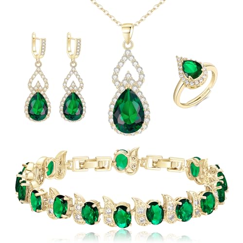 Clearine Schmuck-Set für Damen Gold plattiert Smaragd Farbe Teardrop kubischer Zirkon Halskette offen verstellbaren Ring Ohrringe Armband für Hochzeit/Jubiläum/Muttertag/Geburtstag/Weihnachten Clearine Schmuck-Set für Damen Gold plattiert Smaragd Farbe Teardrop kubischer Zirkon Halskette offen verstellbaren Ring Ohrringe Armband für Hochzeit/Jubiläum/Muttertag/Geburtstag/Weihnachten von Clearine