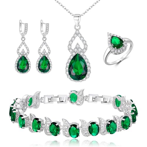Clearine Schmuck-Set für Damen versilbert Smaragd Farbe Teardrop kubischer Zirkon Halskette offen verstellbaren Ring Ohrringe Armband Set für Hochzeit/Jubiläum/Muttertag Clearine Schmuck-Set für Damen versilbert Smaragd Farbe Teardrop kubischer Zirkon Halskette offen verstellbaren Ring Ohrringe Armband Set für Hochzeit/Jubiläum/Muttertag von Clearine
