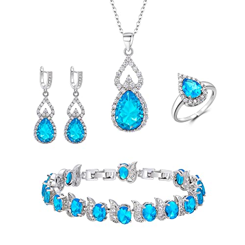 Clearine Schmuck Set für Damen Silber Träne Cubic Zirkonia Halskette mit Ohrringe Armband und Offene verstellbare Ring Set für Topas-Blau Silber-Ton von Clearine