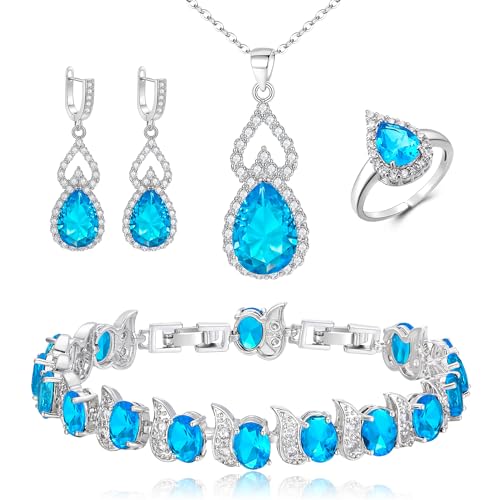 Clearine Schmuck-Set für Damen versilbert blauer Topas Teardrop kubischer Zirkon Halskette offener verstellbarer Ring Ohrringe Armband-Set für Hochzeit/Jubiläum/Muttertag von Clearine