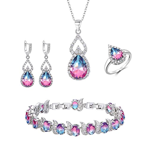 Clearine Schmuck Set für Damen Silber Träne Cubic Zirkonia Halskette mit Ohrringe Armband und Offene verstellbare Ring Set für Turmalin Silber-Ton von Clearine