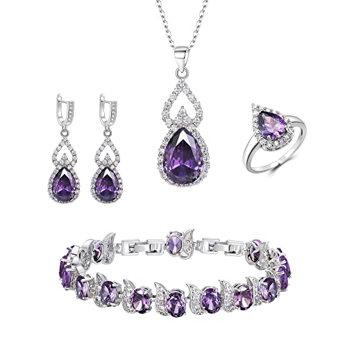 Clearine Schmuck Set für Damen Träne Cubic Zirkonia Halskette mit Ohrringe Armband und Offene verstellbare Ring Set für Lila Silber-Ton von Clearine