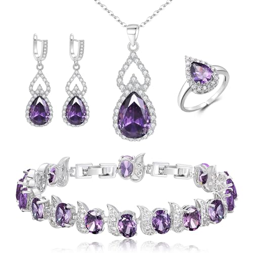Clearine Schmuck-Set für Damen versilbert lila Teardrop Zirkonia Halskette offen verstellbaren Ring Ohrringe Armband Set für Hochzeit/Jubiläum/Muttertag von Clearine