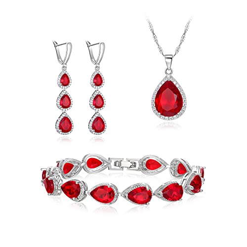 Clearine Schmuck Set für versilbert klar Teardrop kubischer Zirkonina Halskette Lange Ohrringe und Armband für Damen Braut Party Rubinrot Silber Ton von Clearine