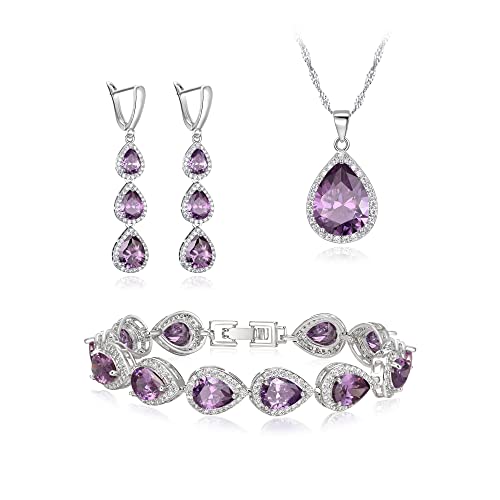 Clearine Schmuck Set für versilbert klar Teardrop kubischer Zirkonina Halskette lange Ohrringe und Armband Set für Damen Braut Party Lila Silber-Ton von Clearine