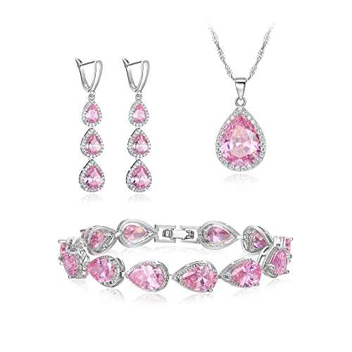 Clearine Schmuck Set für versilbert klar Teardrop kubischer Zirkonina Halskette Lange Ohrringe und Armband für Damen Braut Party Rosa Silber Ton von Clearine