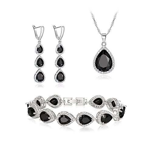 Clearine Schmuck Set für versilbert klar Teardrop kubischer Zirkonina Halskette Lange Ohrringe und Armband für Damen Braut Party Schwarz Silber Ton von Clearine