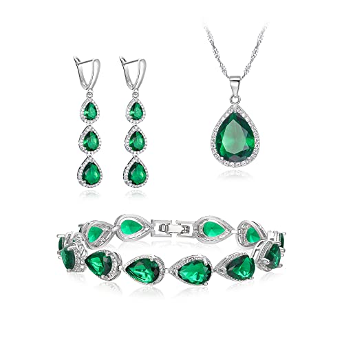 Clearine Schmuck Set für versilbert klar Teardrop kubischer Zirkonina Halskette lange Ohrringe und Armband Set für Damen Braut Party Weihnachten (Smaragd-Grün Silber-Ton) von Clearine