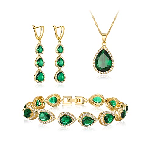 Clearine Schmuck Set für versilbert klar Teardrop kubischer Zirkonina Halskette Lange Ohrringe und Armband für Damen Braut Party Smaragd Grün Gold Ton von Clearine