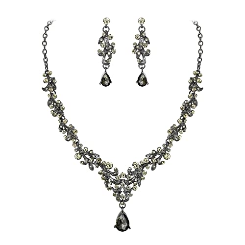 Clearine Schmuck für die Braut Brautjungfern Blatt Tropfen rund Kristall-Cluster Anhänger Halskette und Tropfen-Ohrringe Set für Abschlussball Grau Schwarz-Tone von Clearine