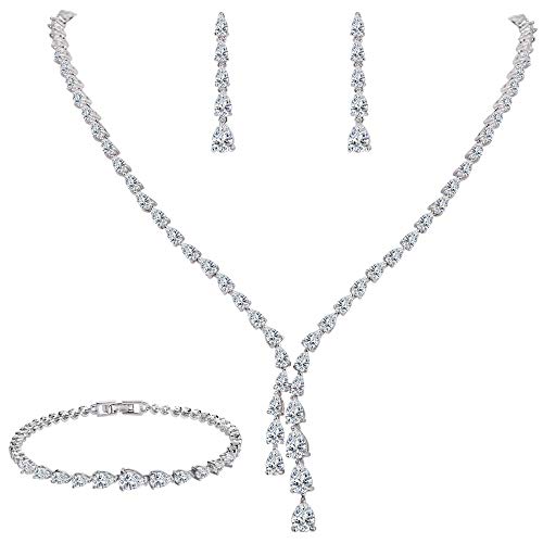 Clearine Schmuckset Hochzeit Braut Party Kostüm Zirkonia Teardrop Halskette Tennis Armband Dangle und Ohrringe Schmuck Set für Damen Klar Silber-Ton von Clearine