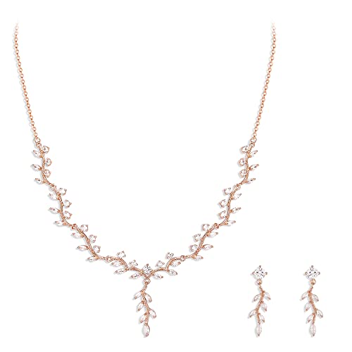 Clearine Schmuckset Marquise Cubic Zirkonia Blatt Cluster Anhänger Halskette und Ohrringe Schmuck Set für Hochzeit Gast Prom Party Rosegold-Ton von Clearine