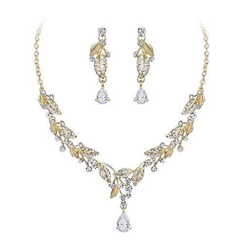 Clearine Schmuckset Mode Strass Zirkonia Tropfen Blatt Cluster Statement Halskette und Ohrringe Set für Braut Klar Gold-Ton von Clearine