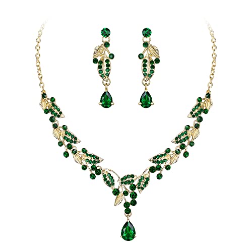 Clearine Schmuckset Mode Strass Zirkonia Tropfen Blatt Cluster Statement Halskette und Ohrringe Set für Braut Smaragd-Grün Gold-Tone von Clearine
