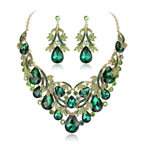 Clearine Schmuckset Party Braut Böhmisch Tropfen Kristall Blatt Aushöhlen Statement Halskette Dangle Ohrringe Set für Damen Smaragd-farbe Gold-Ton von Clearine