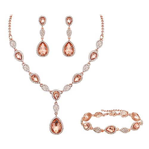 Clearine Schmuckset Zirkonia Edelstein Diamante Teardrop Hochzeit Braut Kostüm Statement Y-Halskette Ohrringe Tennis Armband Set für Frauen Rosegold von Clearine