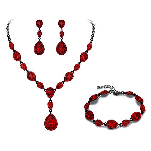 Clearine Edelstein Diamante Teardrop Hochzeit Braut Kostüm Anweisung Y-Halskette Dangle Ohrringe Tennis Armband Set für Damen Schwarz-Ton Rot Rubin Farbe von Clearine
