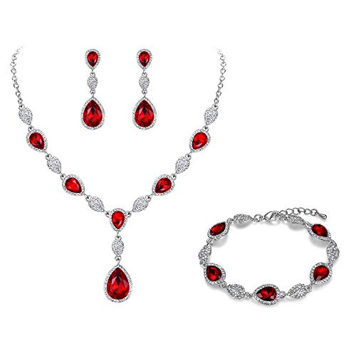 Clearine Schmuckset Zirkonia Edelstein Diamante Teardrop Hochzeit Braut Kostüm Statement Y-Halskette Ohrringe Tennis Armband Set für Frauen Rubin-rot Silber-Ton von Clearine