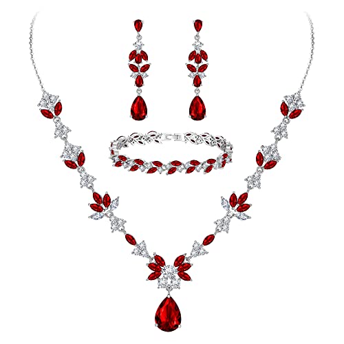 Clearine Schmuckset für Braut Brautjungfern Y-Halskette Tennis Armband baumeln Ohrringe Set mit AAA Kubikzirconia Teardrop Set für Damen Rubin-Rot Silber-Ton von Clearine