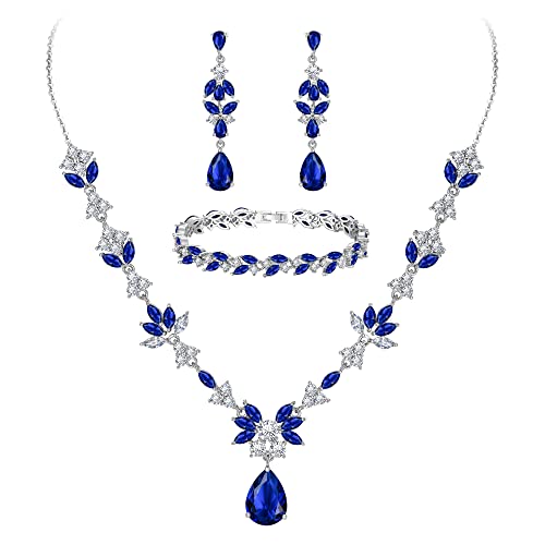 Clearine Schmuckset für Braut Brautjungfern Y-Halskette Tennis Armband baumeln Ohrringe Set mit AAA Kubikzirconia Teardrop Set für Damen Saphir-blau Silber-Ton von Clearine