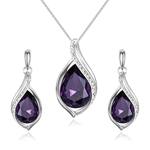 Clearine Schmuckset für Damen Österreichischer Kristall Tropfen Anhänger Halskette Ohrstecker Set Geschenk für Sie Amethyst-Lila Silber-Ton von Clearine